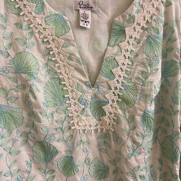 Lilly Pulitzer White Bell Sleeve Tunic Blue & Green Floral Seashell Embroidery S - Picture 5 of 7